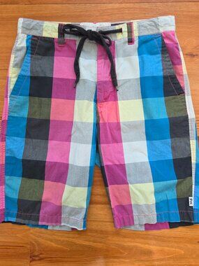 Men's Fox Racing Walkies Board Shorts 32 Drawstring 9" Inseam Black Blue Check